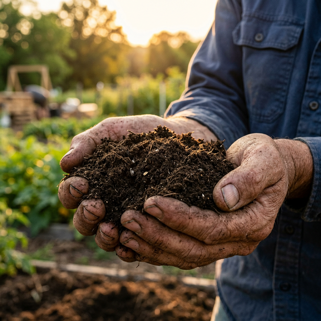 Rich healthy compost being held